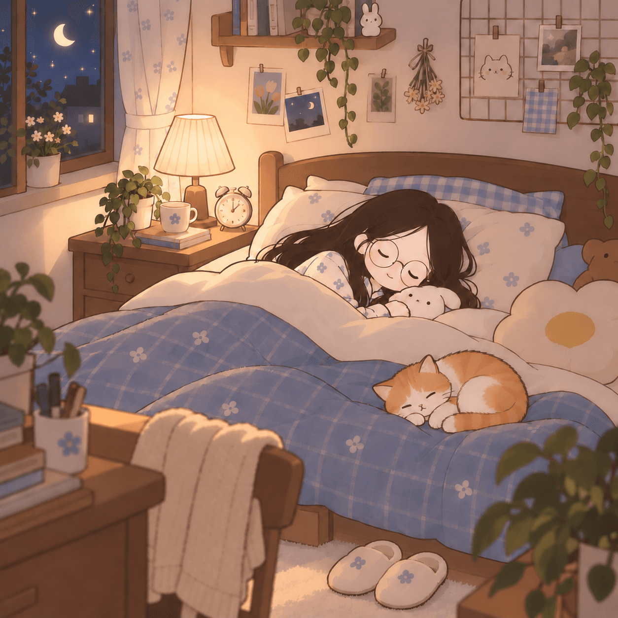 夜晚卧室场景，女孩和猫在床上休息