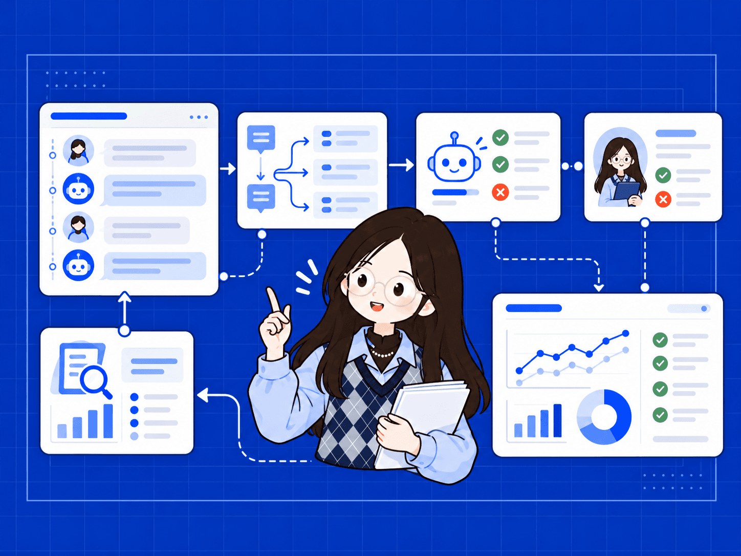 蓝图风格的 AI 产品评测流程插图